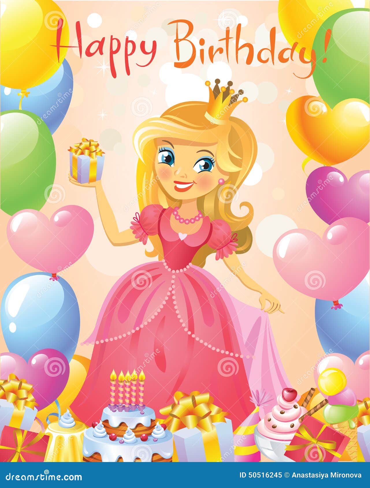 Happy Birthday, Princess, Greeting Card Stock Vector - Illustration of ...
