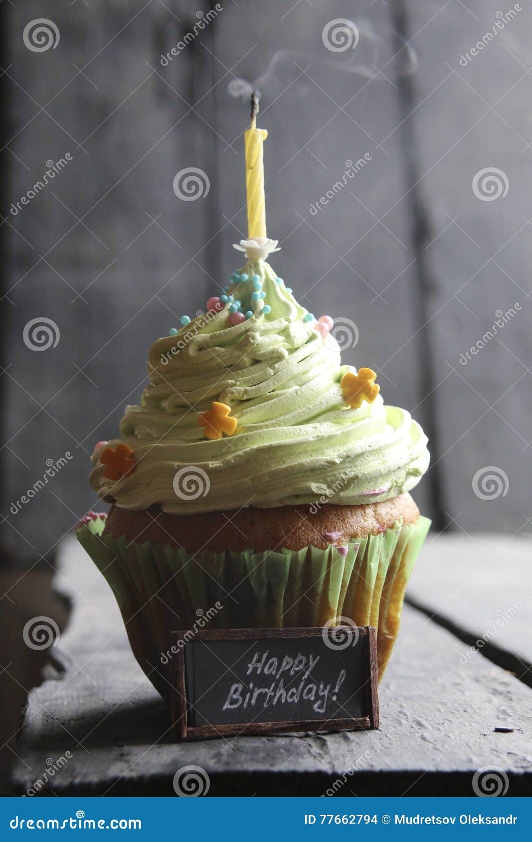 Happy Birthday Text and Cake with One Candle, Floating Smoke Stock