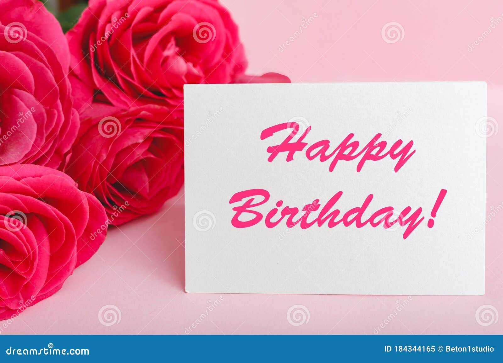 Happy Birthday Text on Card in Flower Bouquet on Pink Background ...