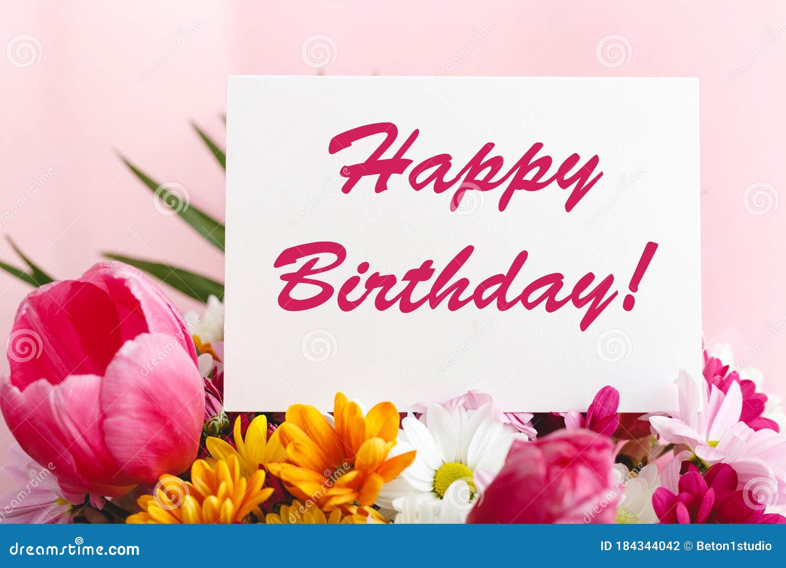 Happy Birthday Text on Card in Flower Bouquet on Pink Background ...