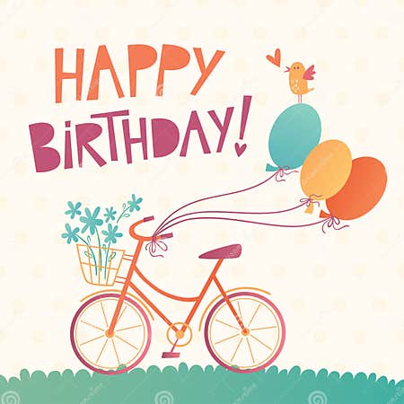 Happy Birthday Vector Card with a Bicycle Stock Vector - Illustration ...