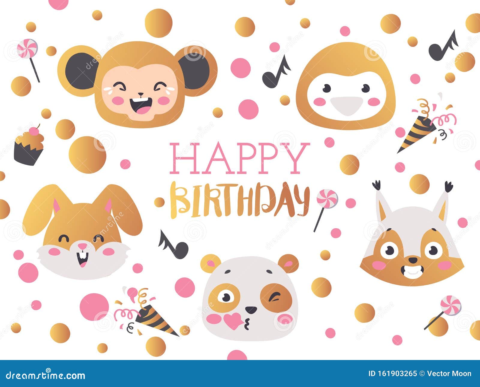 Happy Birthday Vector Illustration. Greeting Card Template, Poster with  Cute Animals Stock Vector - Illustration of decoration, children: 161903265