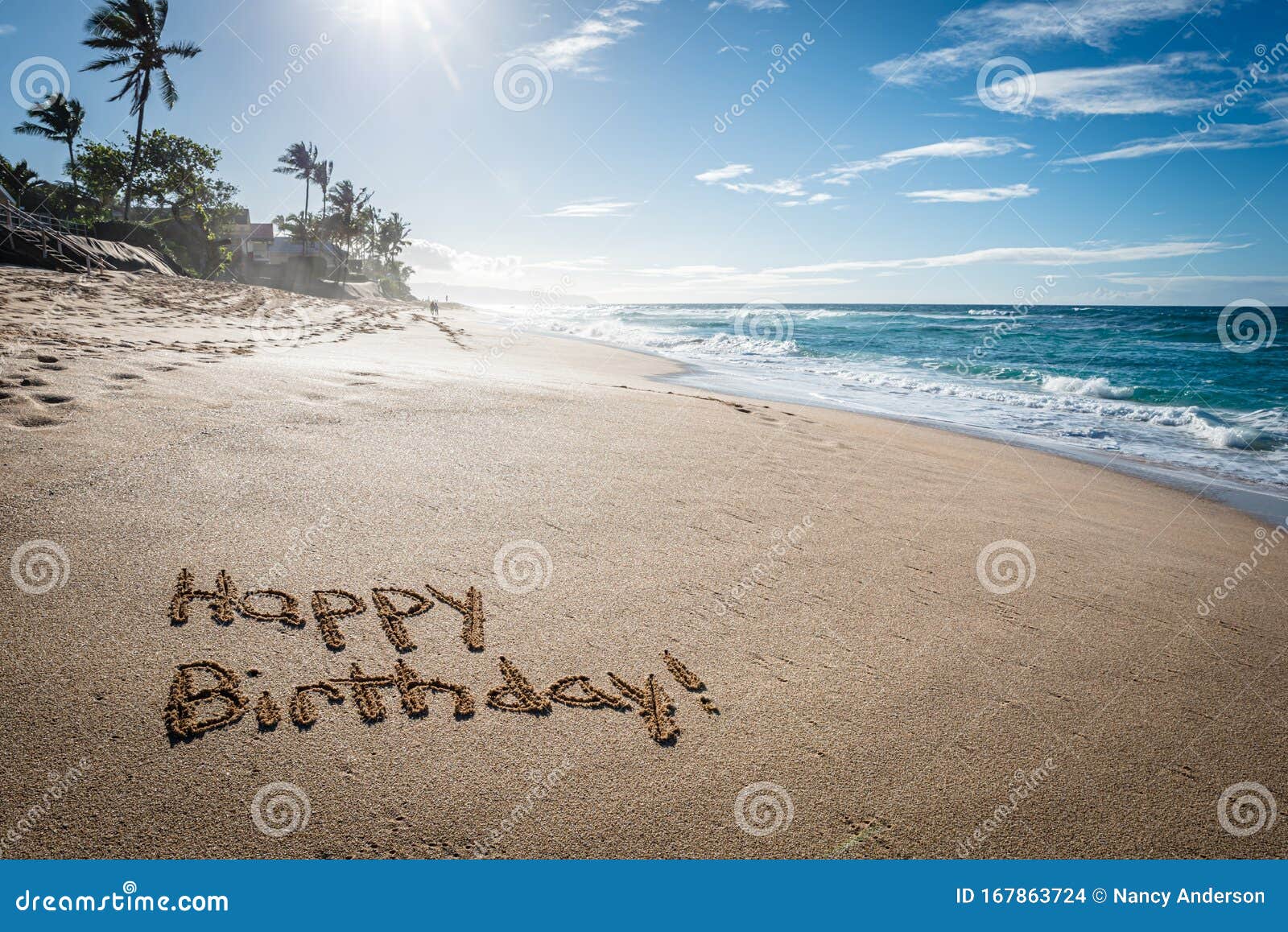 happy birthday written sand sunset beach hawaii palm trees ocean background happy birthday 167863724