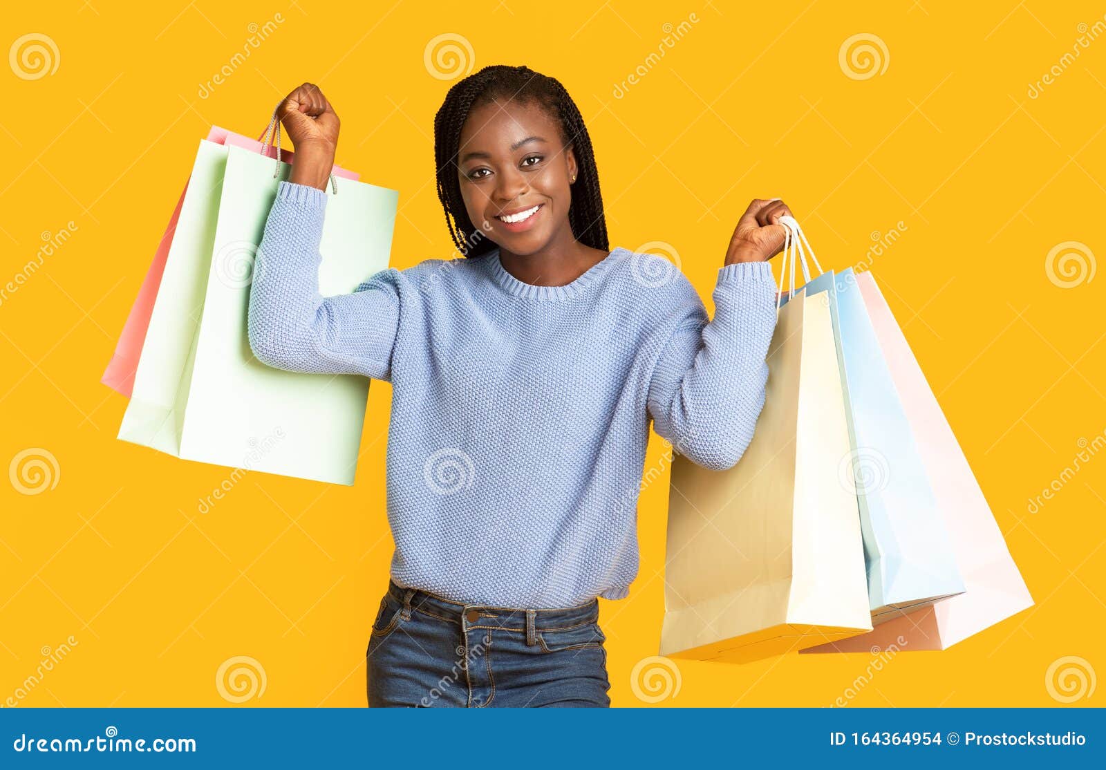 Happy Black Girl Raising Hands Up With Purchases Stock Photo Ima