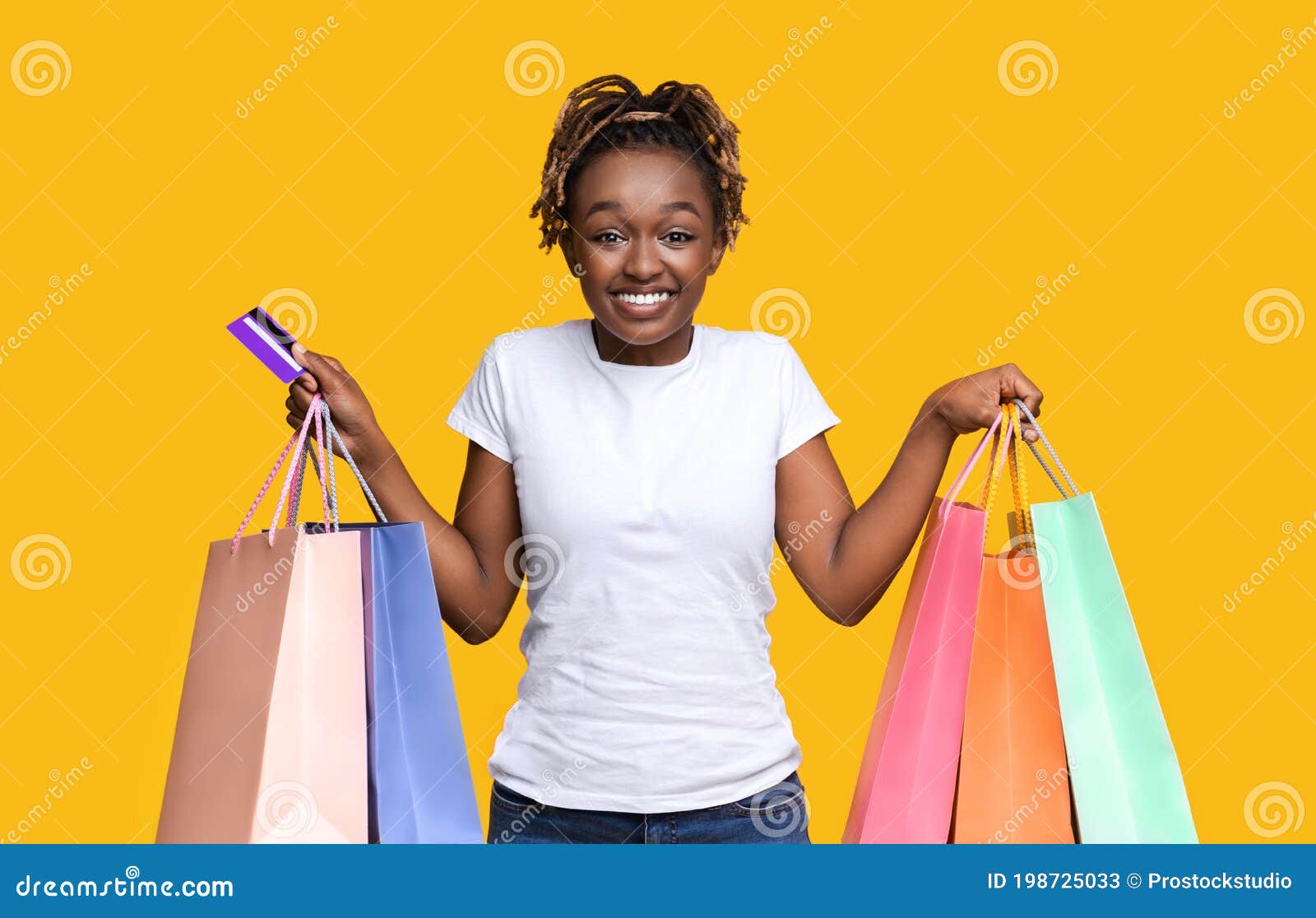 Happy Black Lady with Shopping Bags and Credit Card Stock Image - Image ...