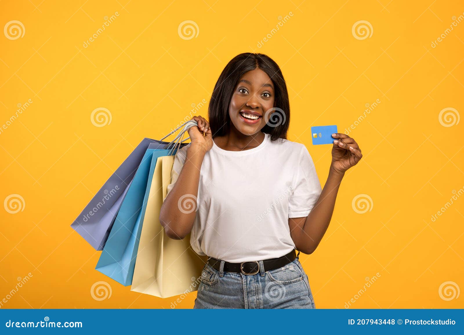 Happy Black Lady with Shopping Bags and Credit Card Stock Photo - Image ...