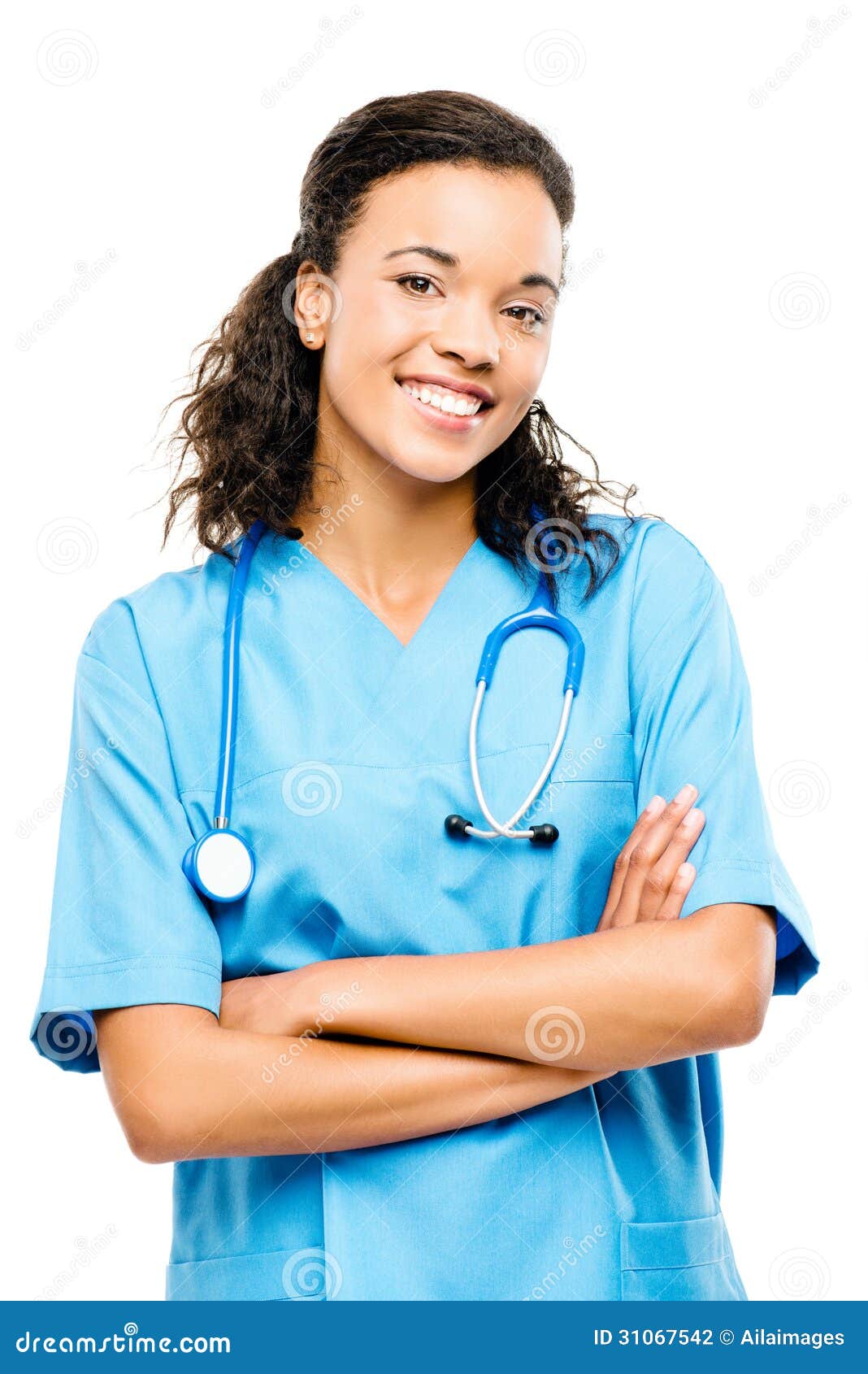 Happy Black Nurse Smiling Arms Folded Isolated On White Stock Photo