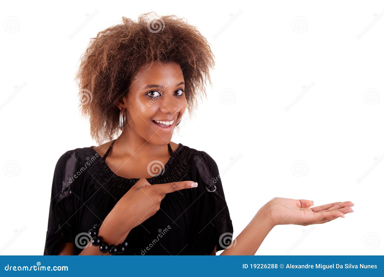 Happy Black Woman Showing Your Produc Stock Photo - Image of portrait