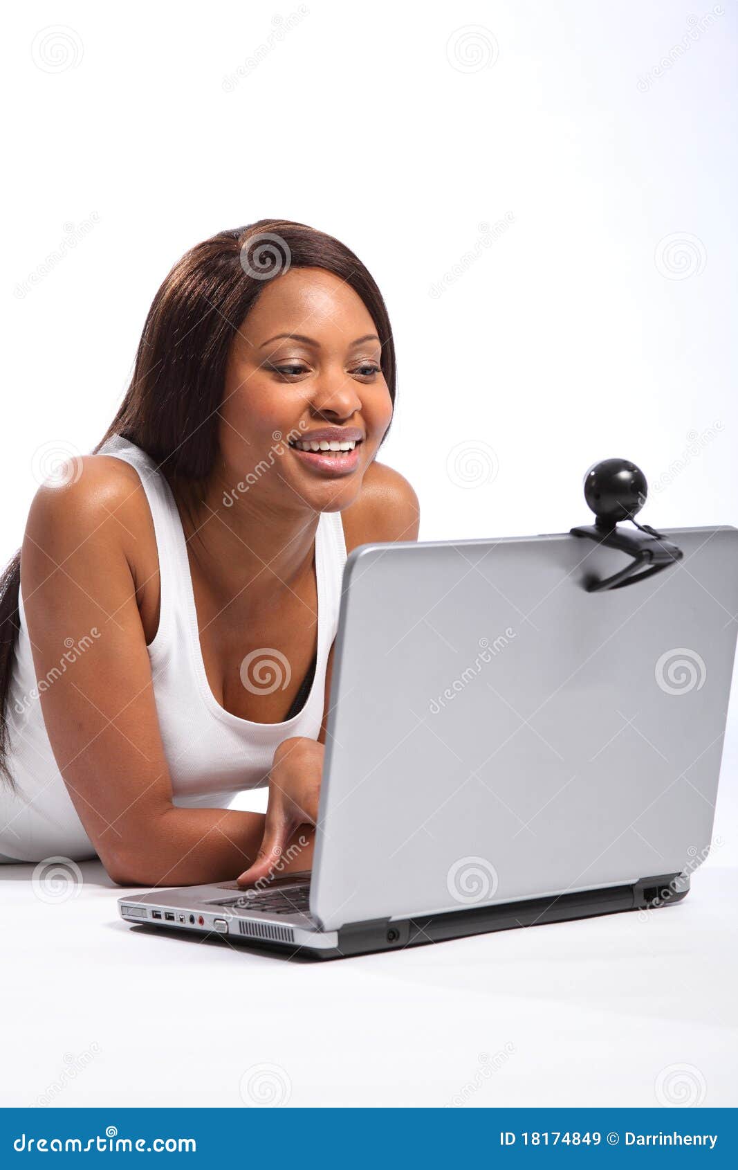 Happy Black Woman Using Webcam on Laptop Stock Image picture Happy Black Woman Using Webcam on Laptop Stock Image