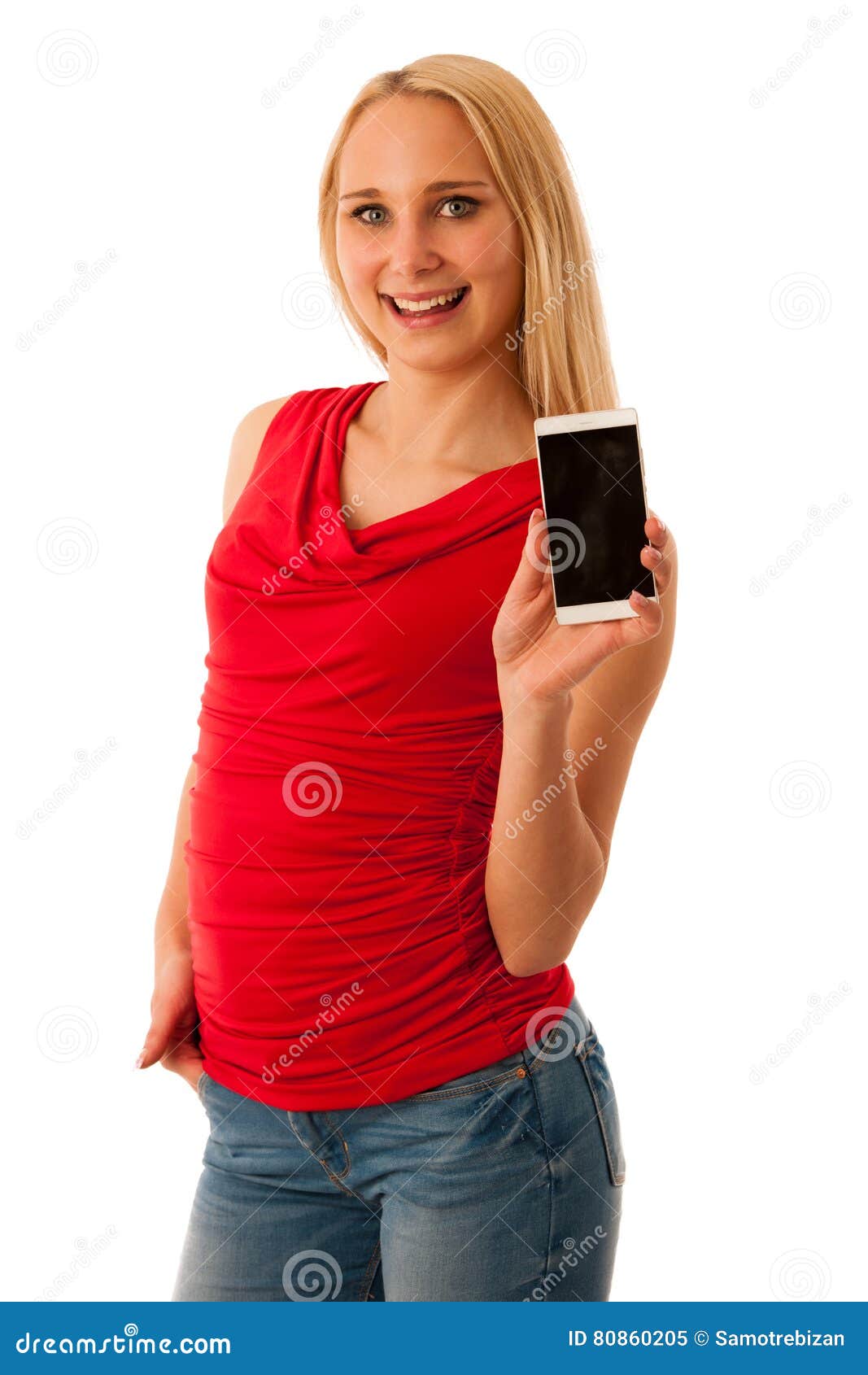 Happy Blonde Woman Shows A Smartphone Isolated Over White Background Stock Image Image Of