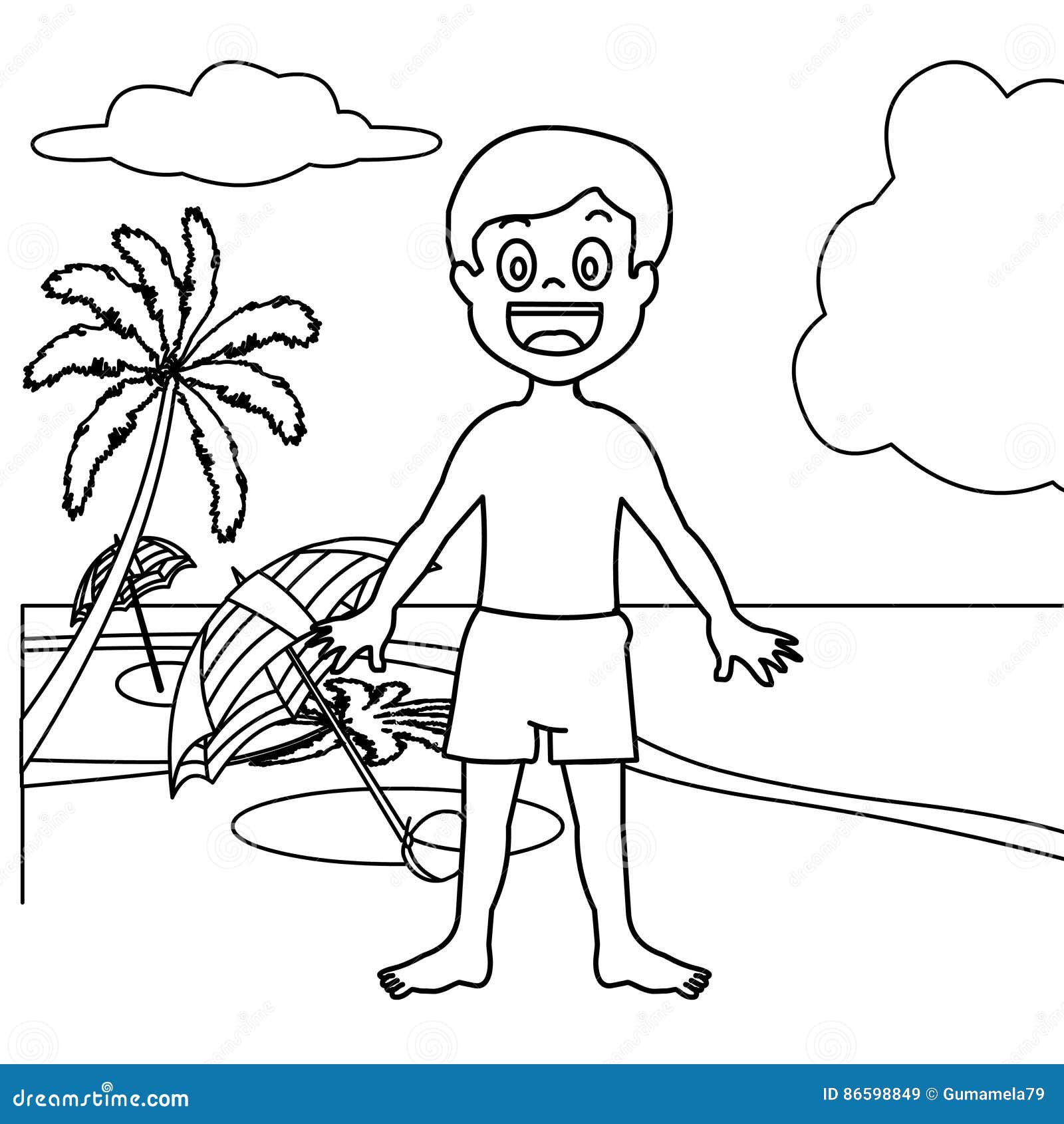 Happy Boy in Beach Coloring Page Stock Illustration - Illustration of black, education: 86598849