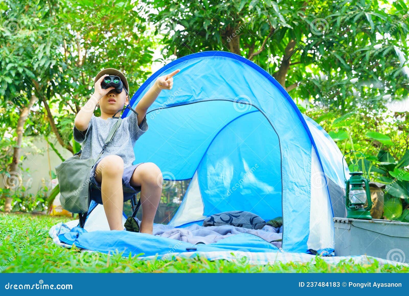 Happy Boy in Camping Tent.boy Holding Binoculars in Adventure Time