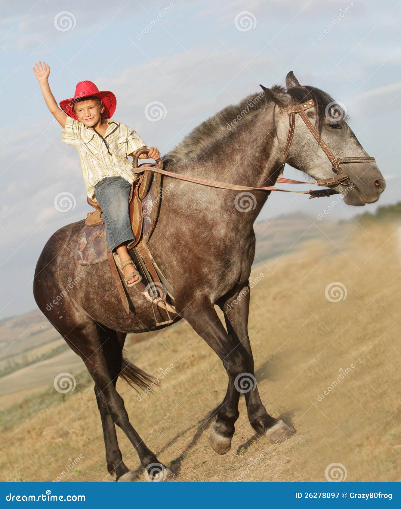 Happy Boy in Cowboy Hat Riding Horse Outdoors Stock Image Image of