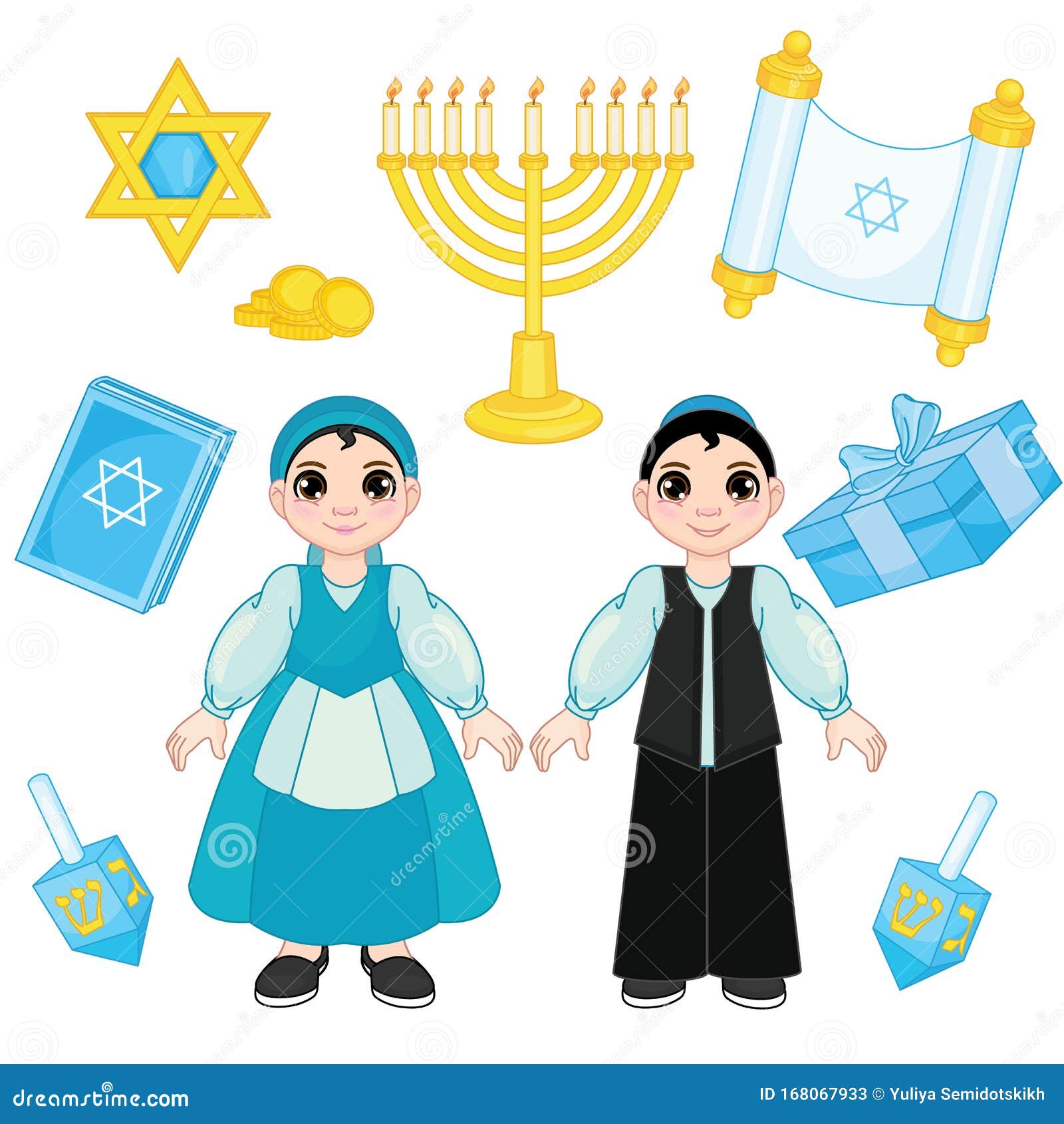 Happy Boy and Girl in National Costumes are Celebrating Hanukkah ...