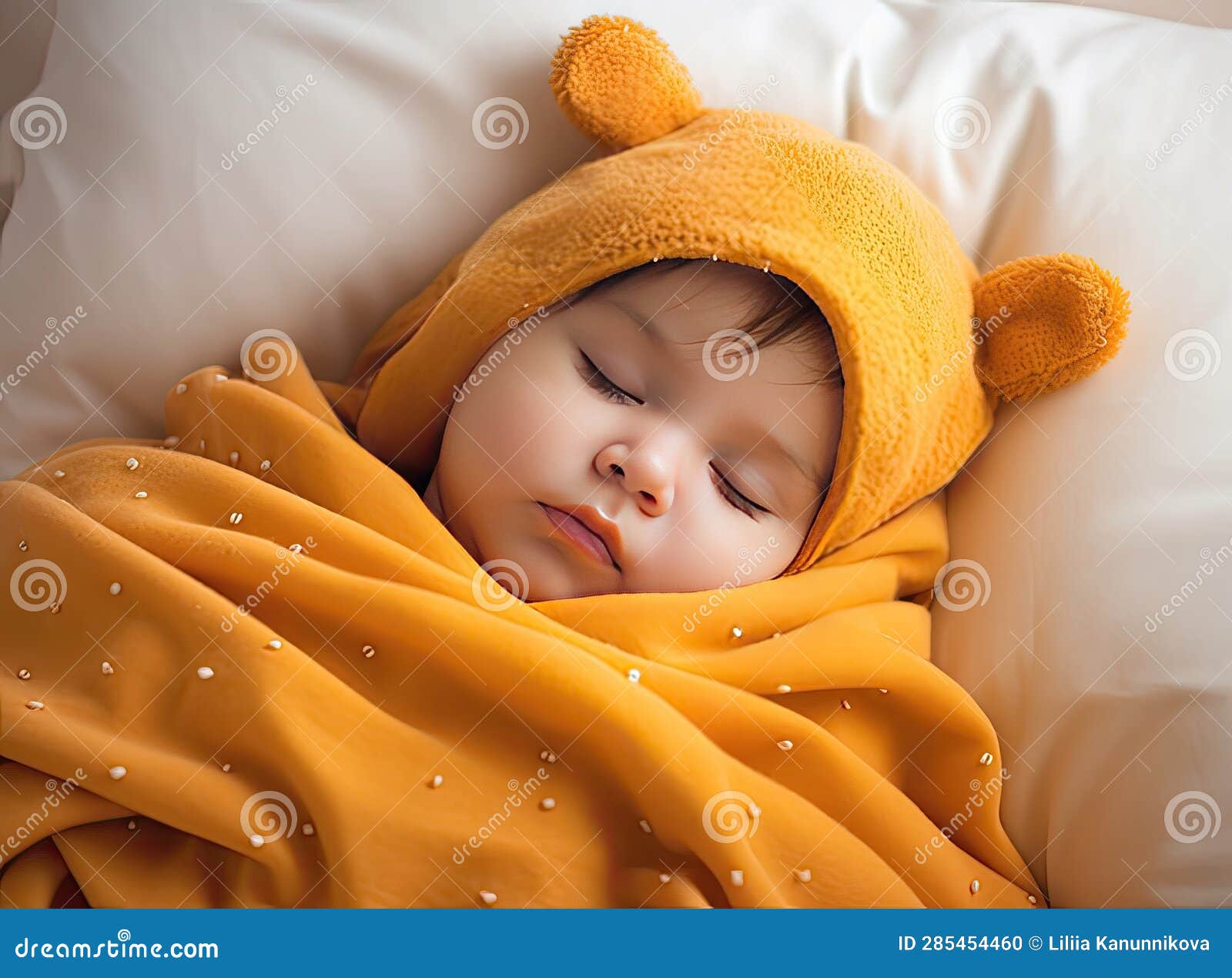 Happy Boy or Girl with Wool Cap Lying with Teddy Bear Under the Blanket