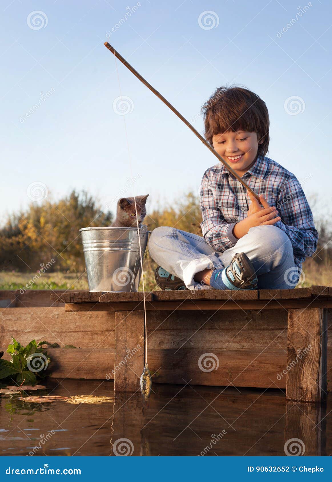 Happy Boy Go Fishing on the River with Pet, One Children and Kit Stock  Photo - Image of elementary, leisure: 90632652
