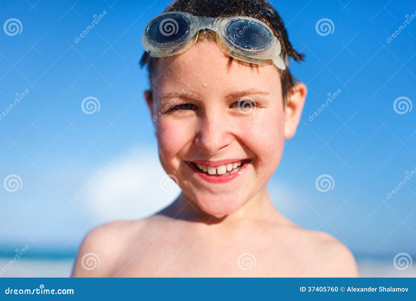 Happy Boy in Goggles at Beach Stock Photo Image of outdoor, face