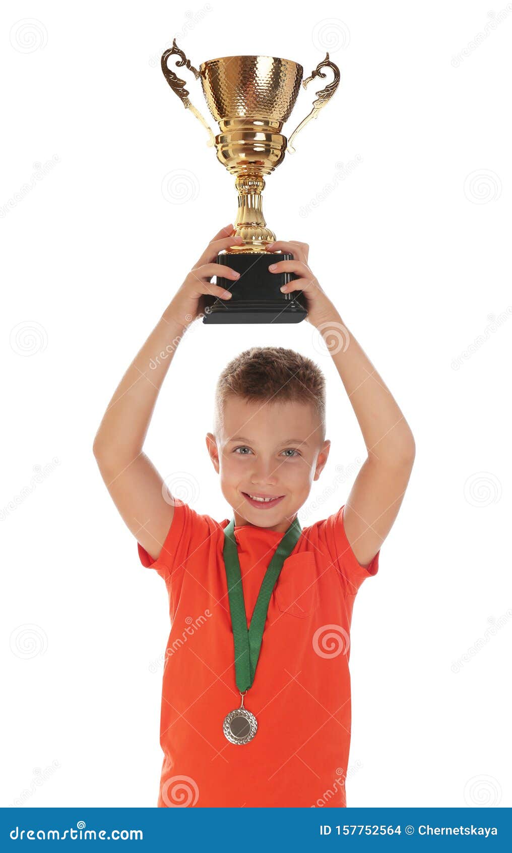 Happy Boy with Golden Winning Cup and Medal on White Stock Photo ...