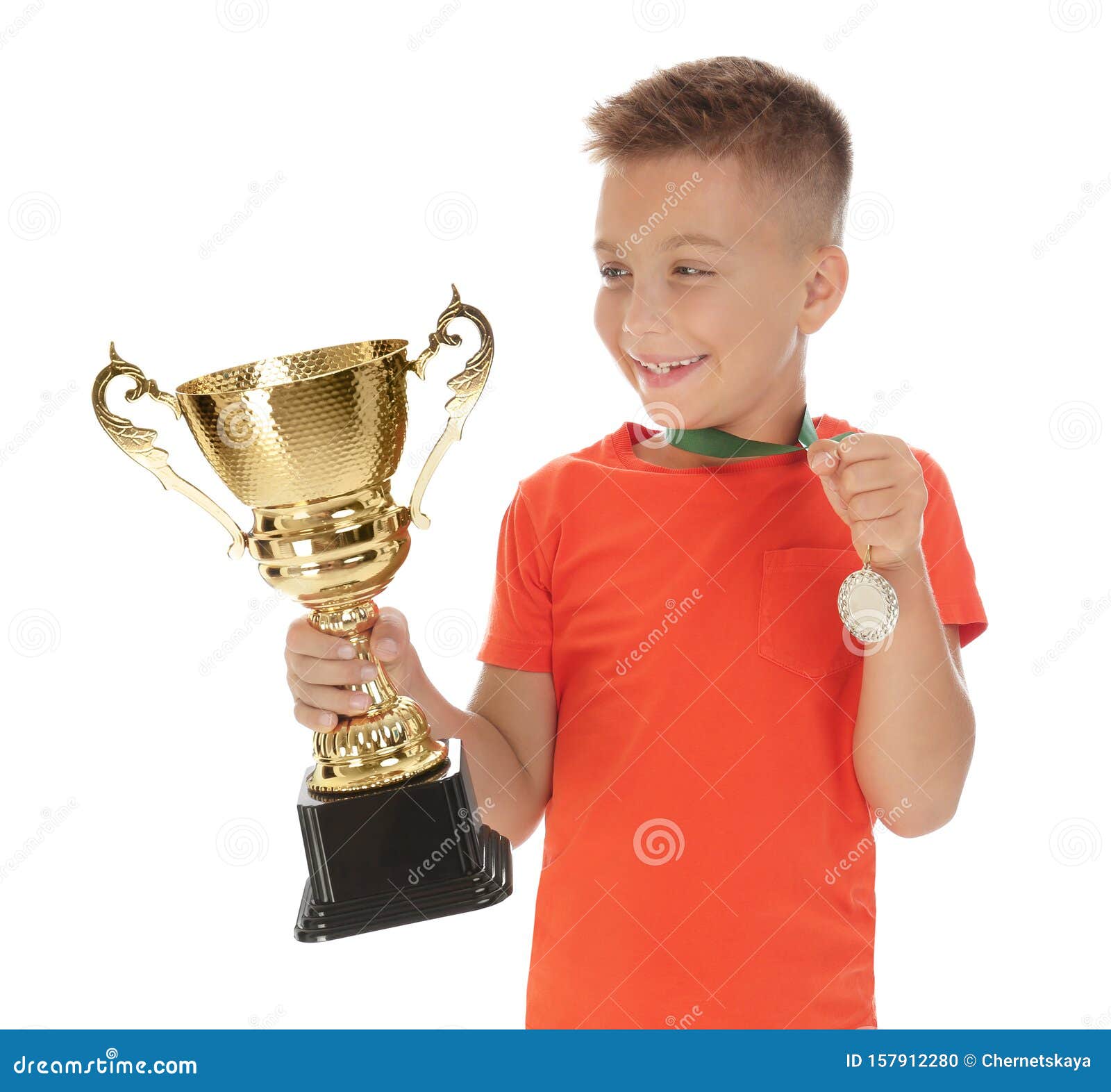 Happy Boy with Golden Winning Cup and Medal on White Stock Photo ...