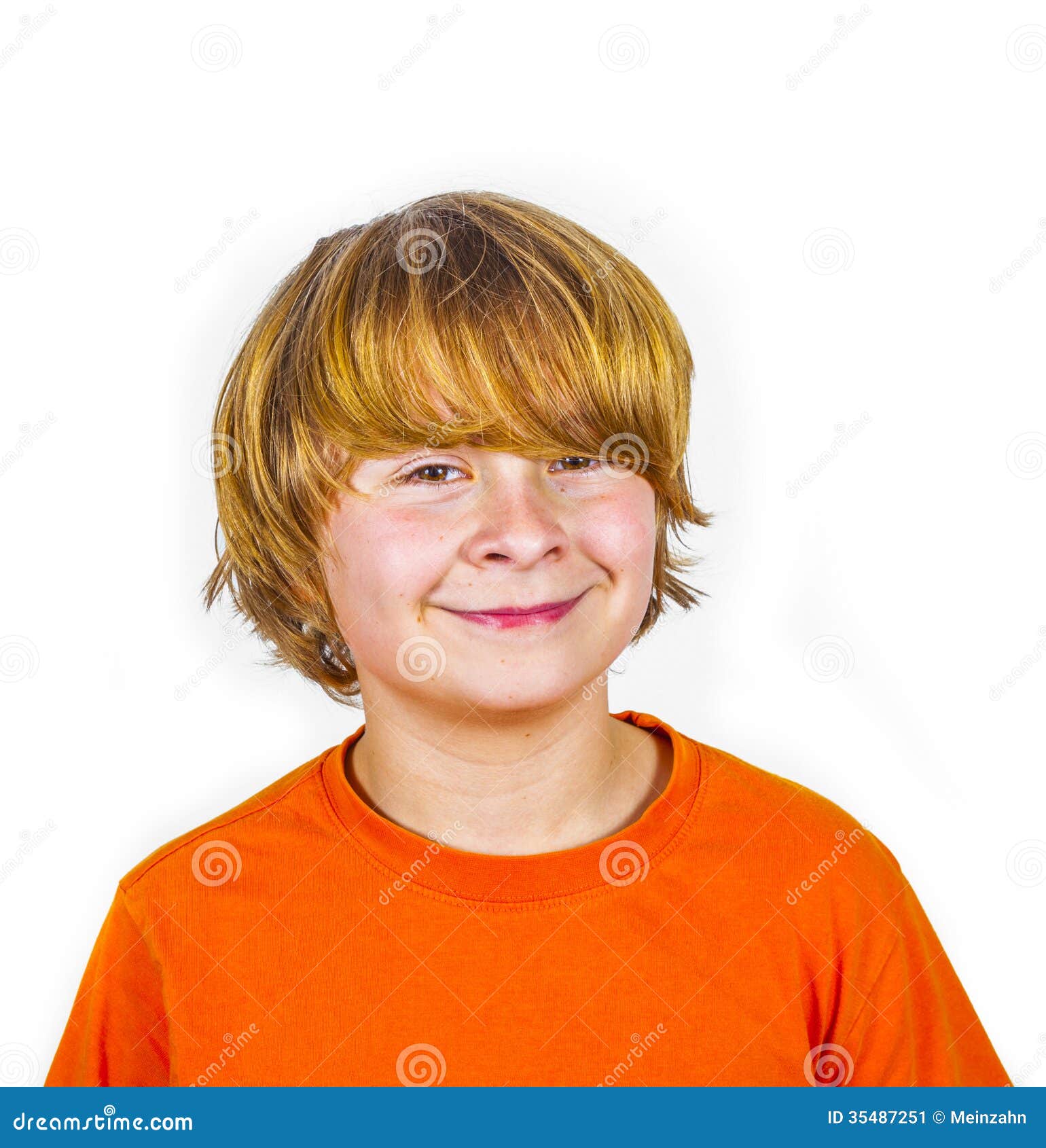 Happy Boy With Long Hair In Studio Isolated On White Stock Image