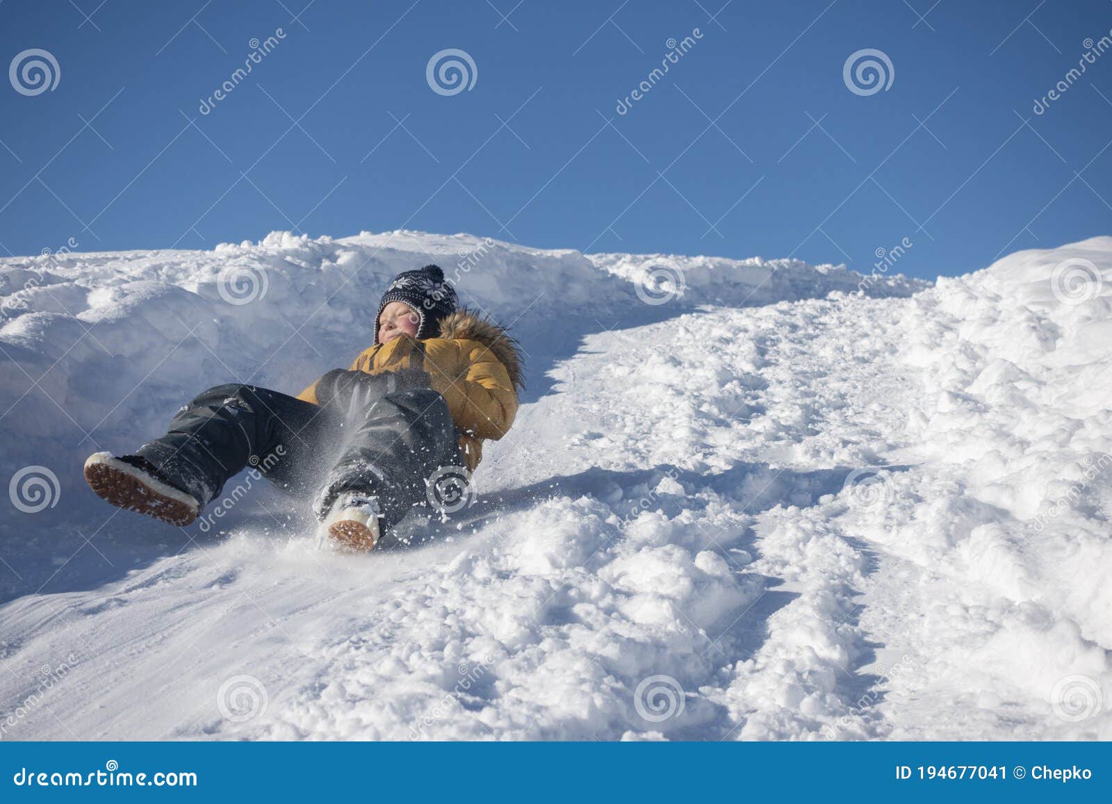 Happy Boy Sliding Down Snow Hill on Sled Outdoors in Winter, Sledging and  Season Concept Stock Image - Image of leisure, girl: 194677041