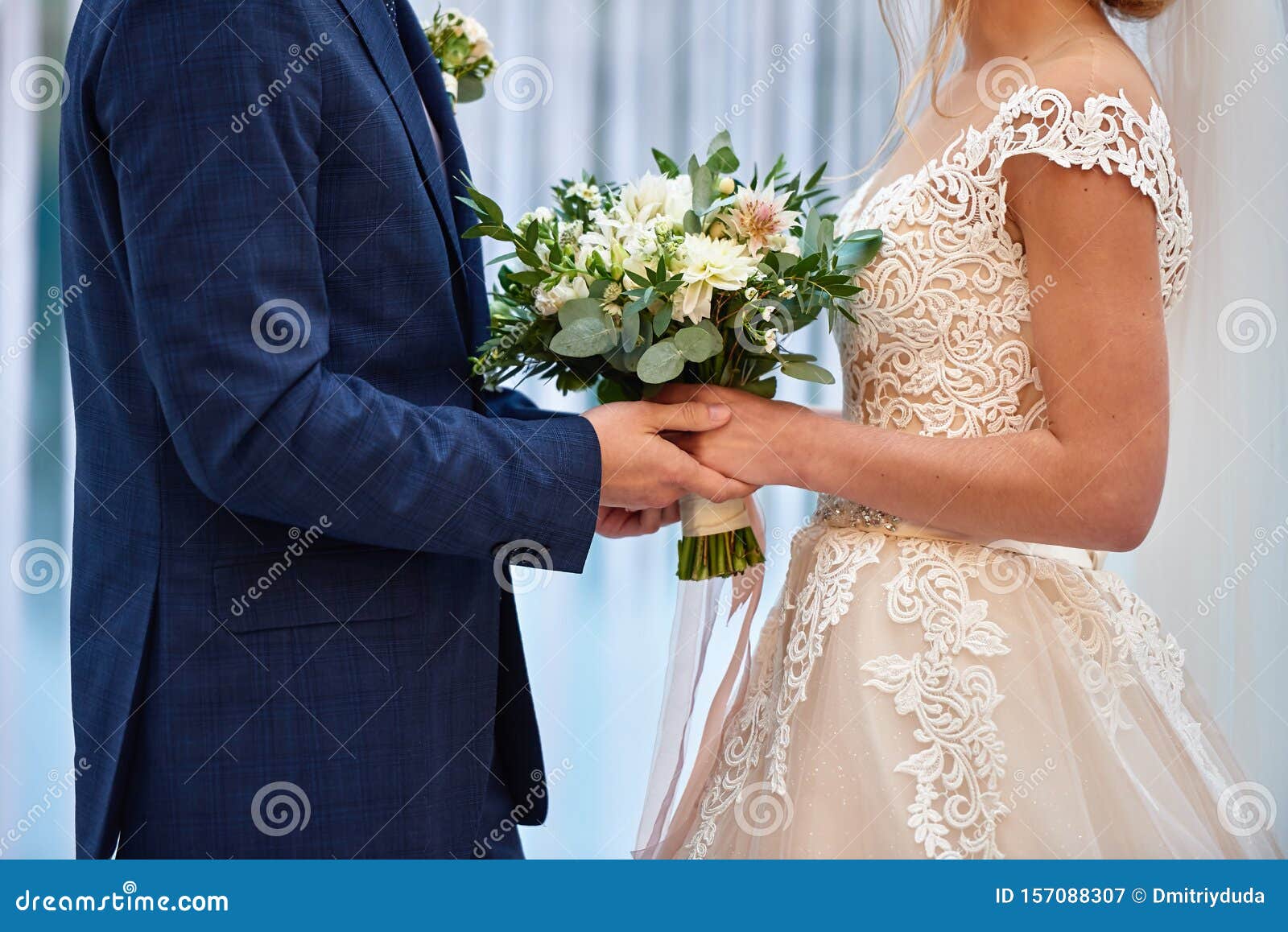 Happy Bride and Groom Holding Hands on Wedding Ceremony, Copy Space ...