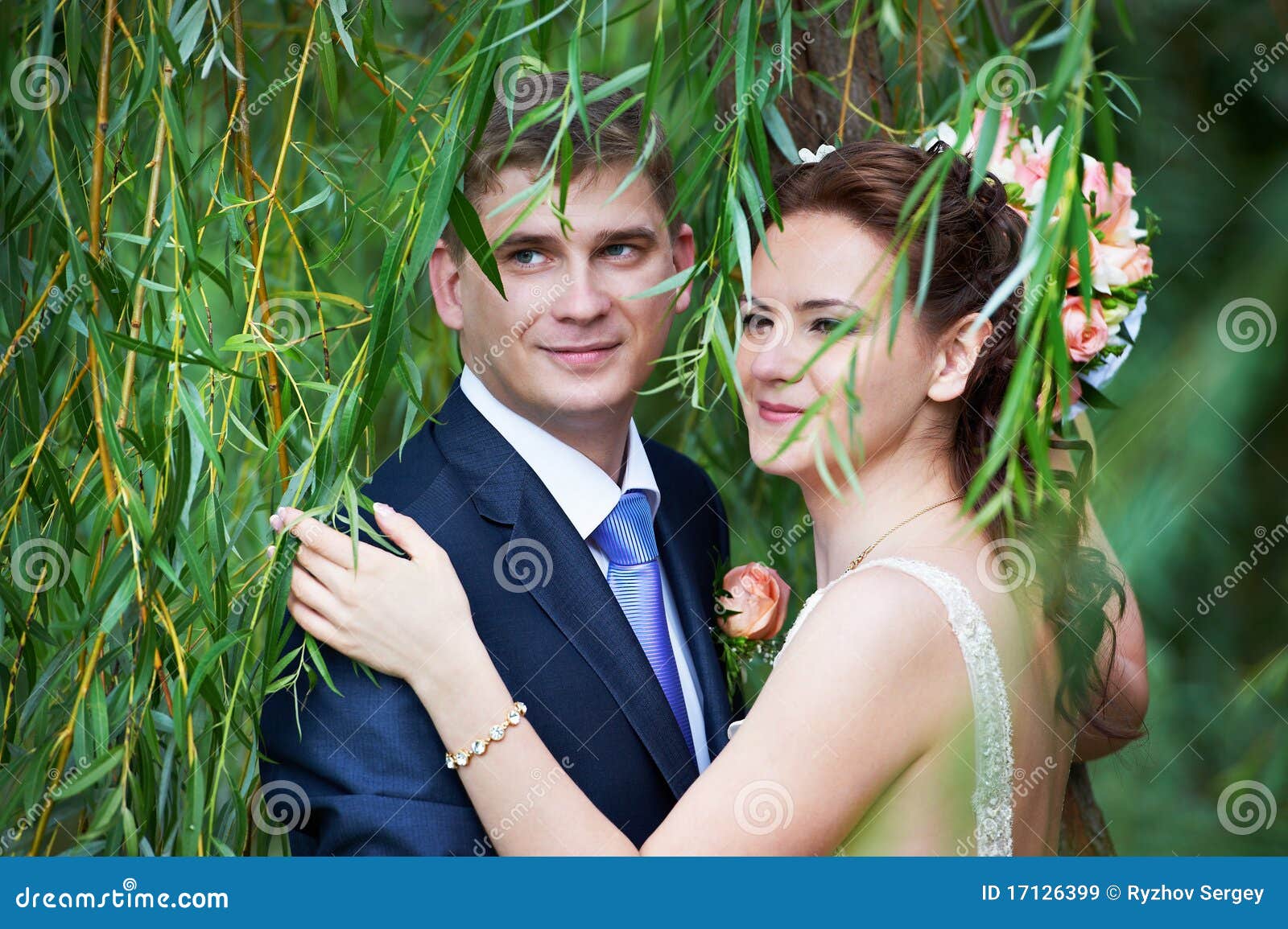 Happy Bride and Groom Near Willow Tree Stock Image Image of