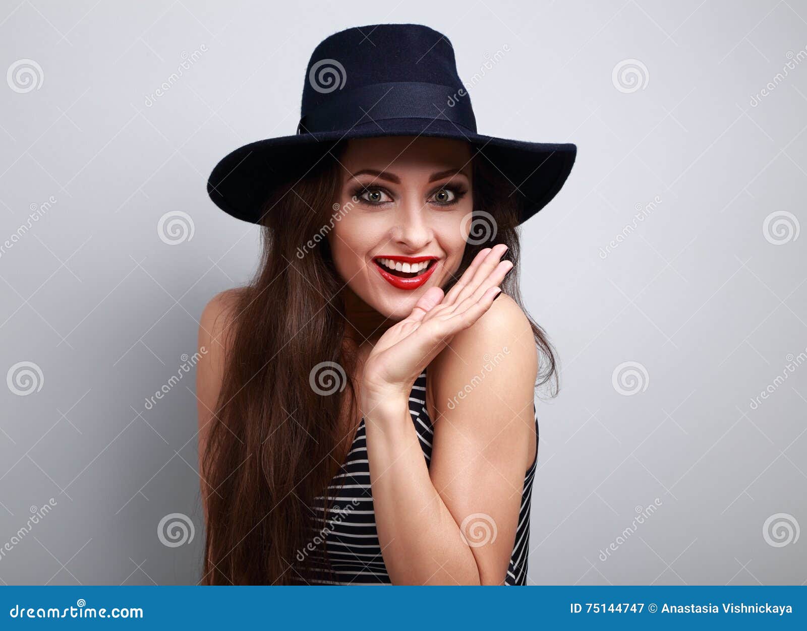 Happy Bright Makeup Surprising Woman Looking Fun in Fashion Blue Stock ...