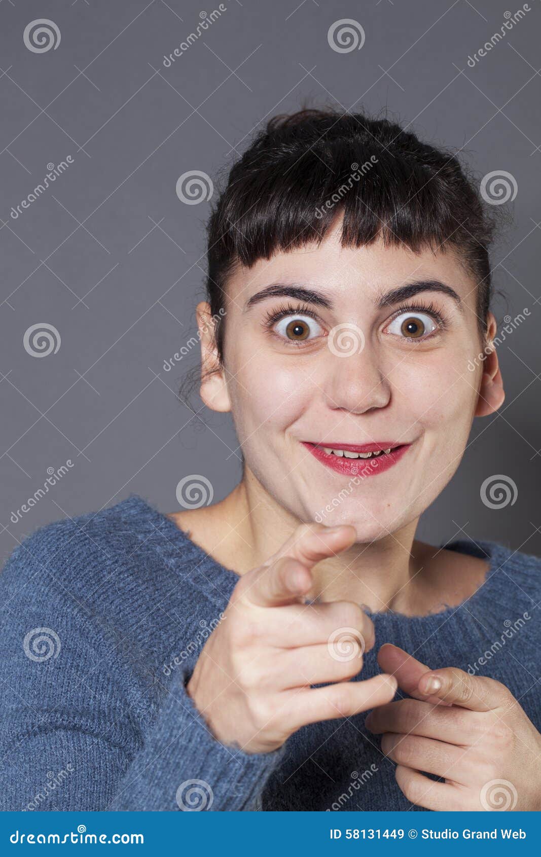 Happy Brunette Expressing Surprise With Her Face Stock Image Image Of Person Funny 58131449