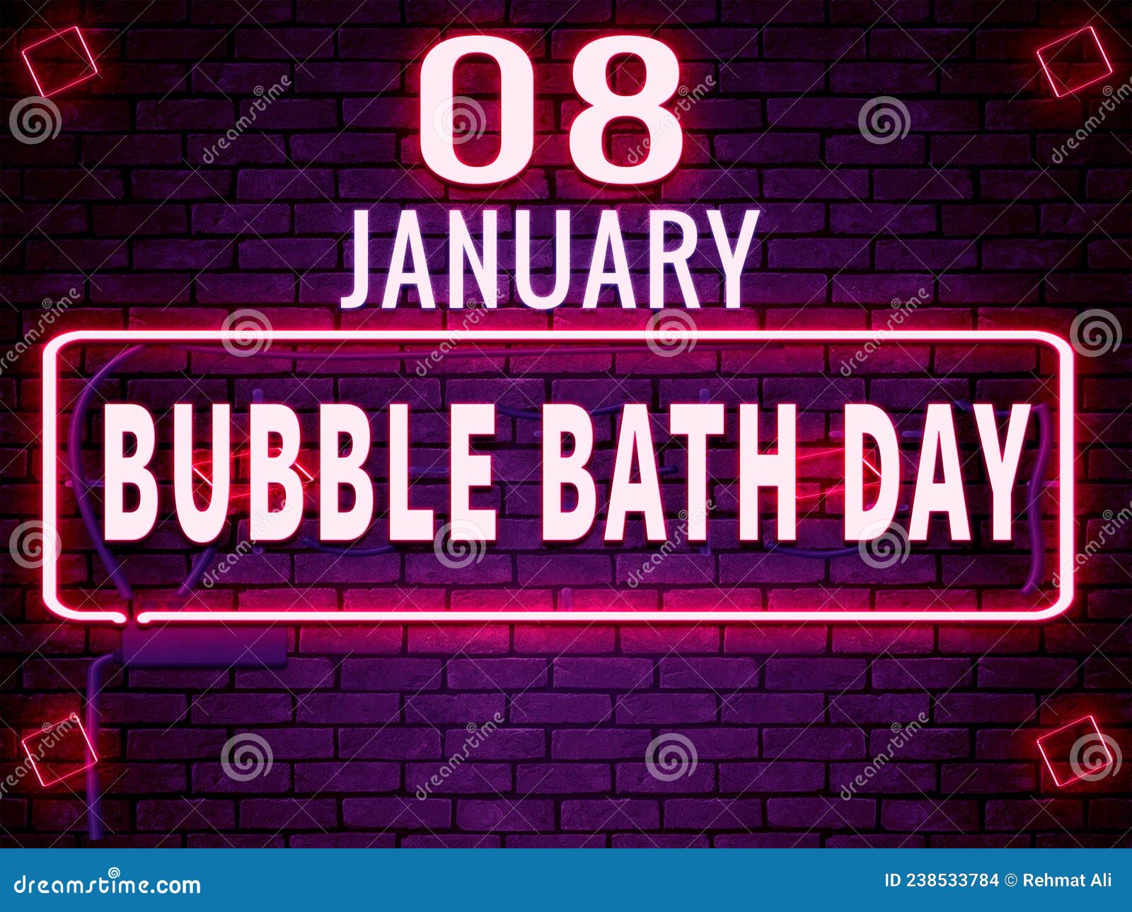 08 January, Bubble Bath Day, Neon Text Effect on Bricks Background