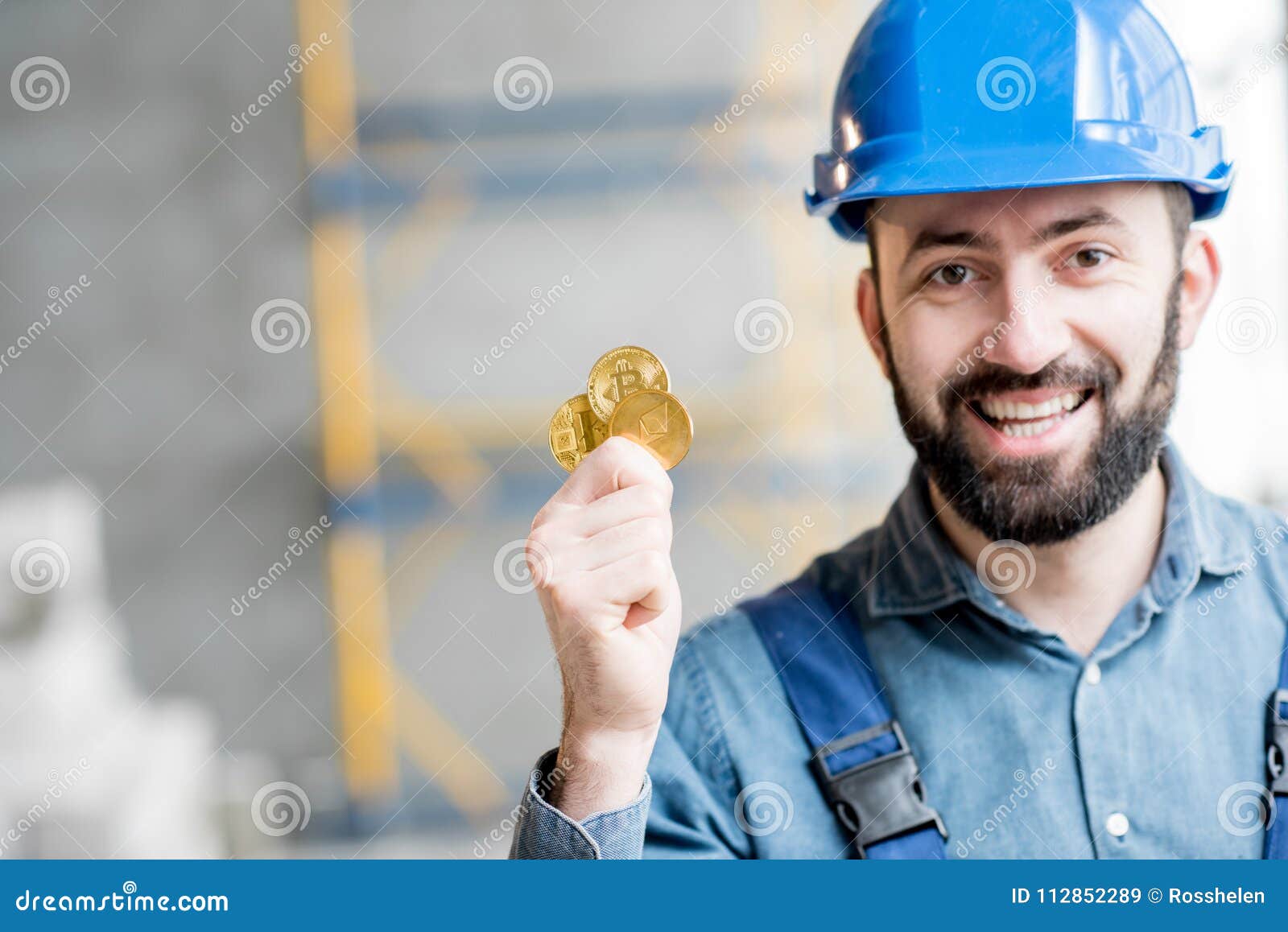 Builder with cryptocoin stock image. Image of bitcoin - 112852289