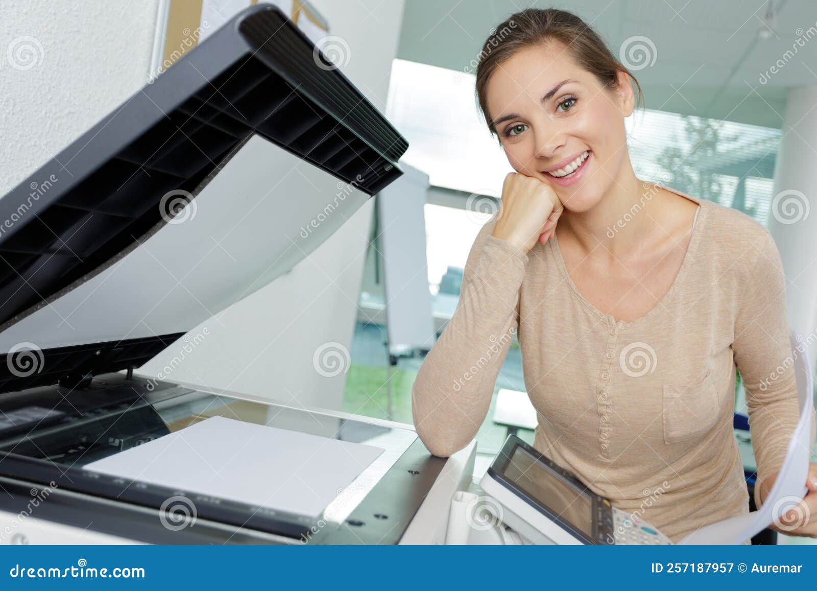 Happy Business Lady Using Copier Machine Stock Image Image of