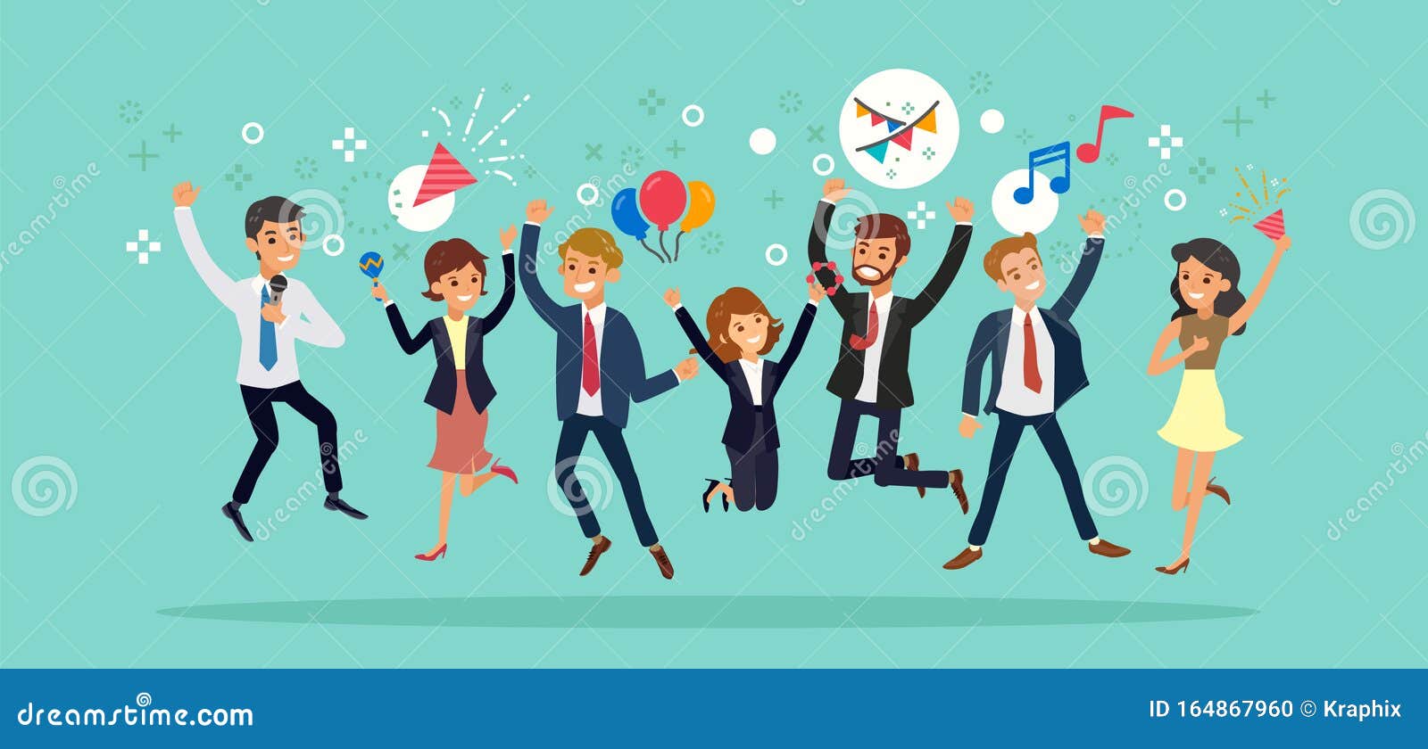 Happy Business Team Jumping. Karaoke Party Celebration Concept Cartoon