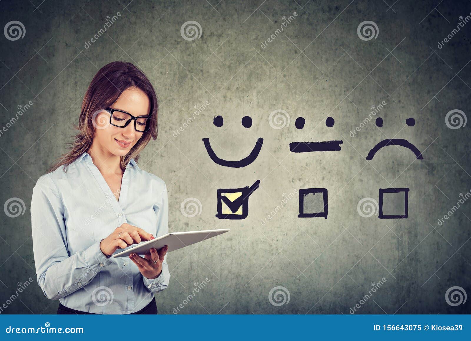 happy business woman giving excellent rating for online satisfaction survey