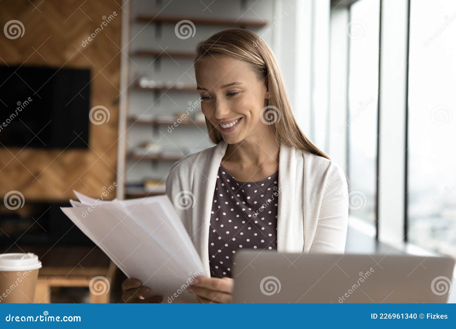 happy business woman, office employee, assistant reviewing papers