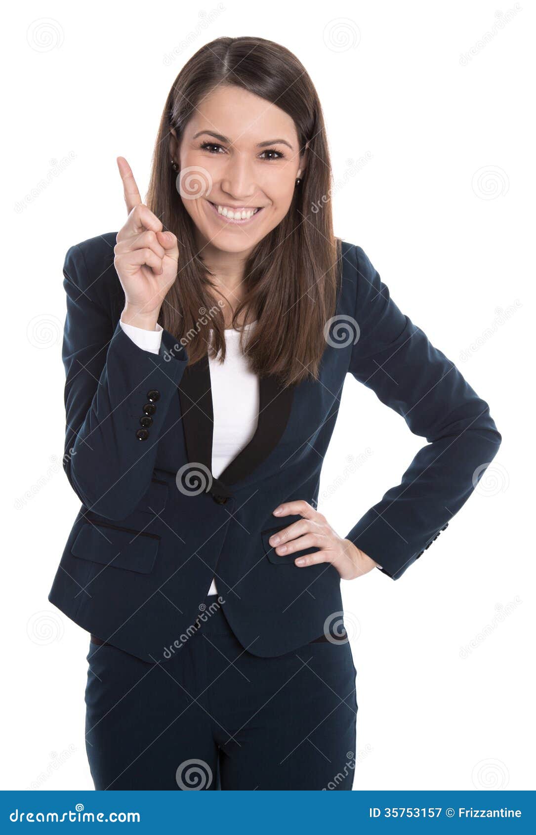 happy business woman is pointing with forefinger  on white.