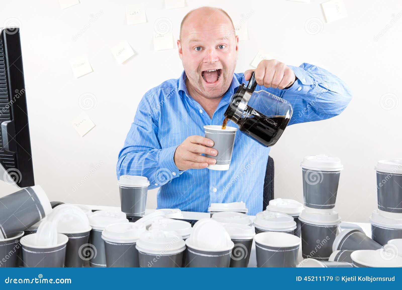 Happy Businessman Drinks Way Too Much Coffee Stock Image - Image of