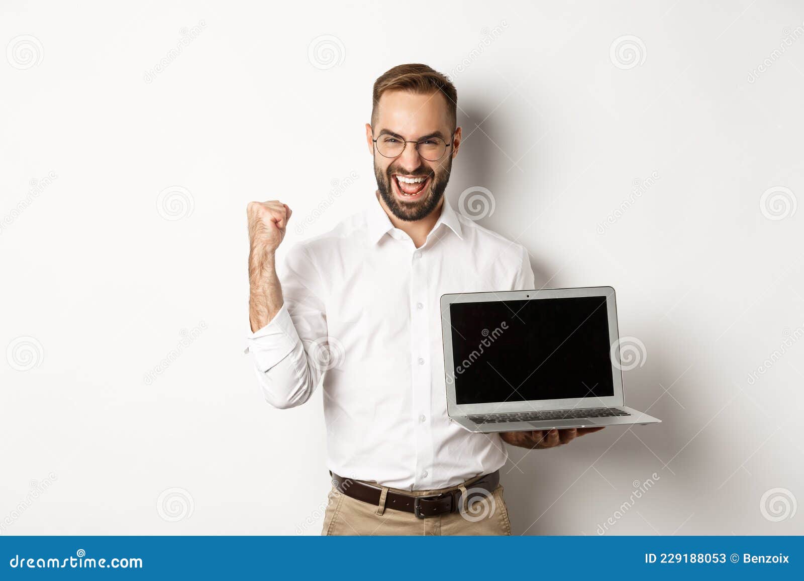 Happy Businessman Showing Laptop Screen, Make Fist Pump and Rejoicing on  Online Achievement, Standing Over White Stock Image - Image of person,  businessman: 229188053
