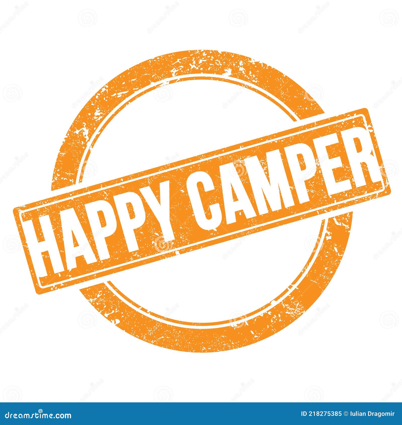 happy camper text on orange grungy round stamp