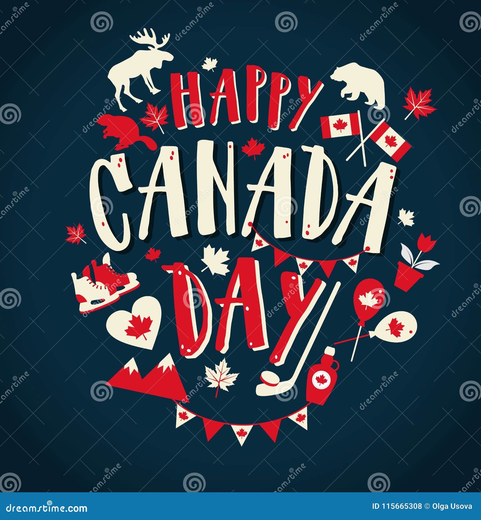 Happy Canada Day Illustration With Flat Symbols And Hand Drawn Lettering Stock Vector Illustration Of Culture National 115665308