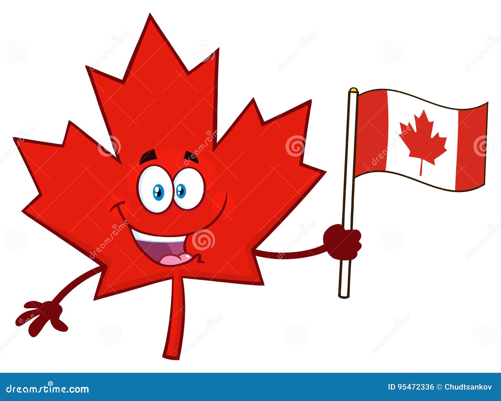 Cartoon illustration showing a happy Canadian maple leaf making