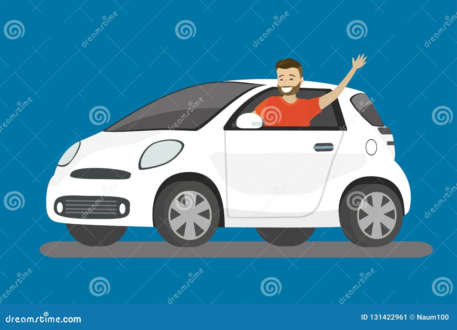 happy cartoon caucasian man rides in white car,