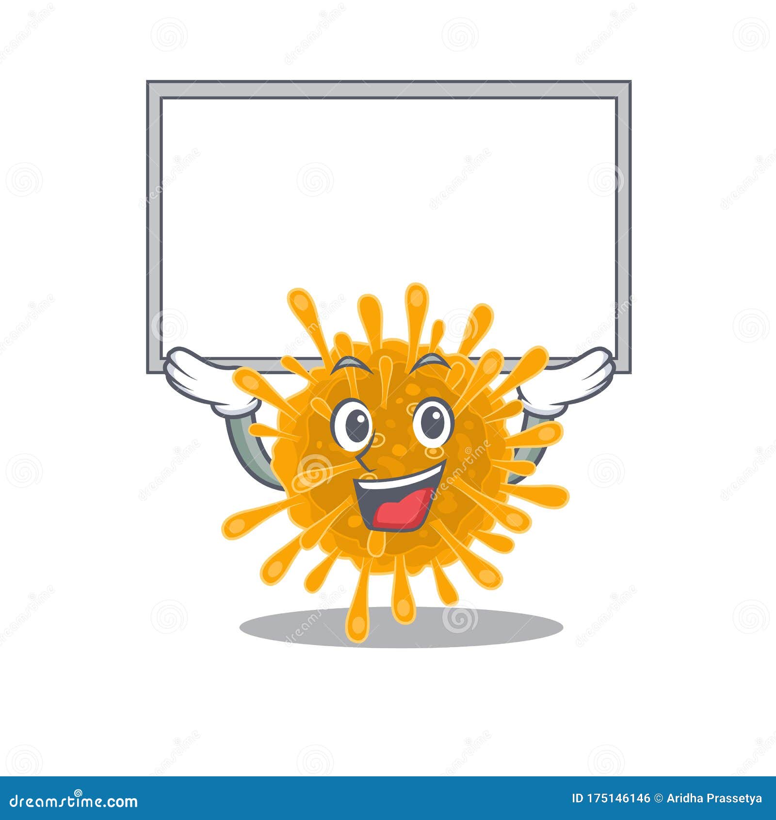 happy cartoon character of coronaviruses raised up board