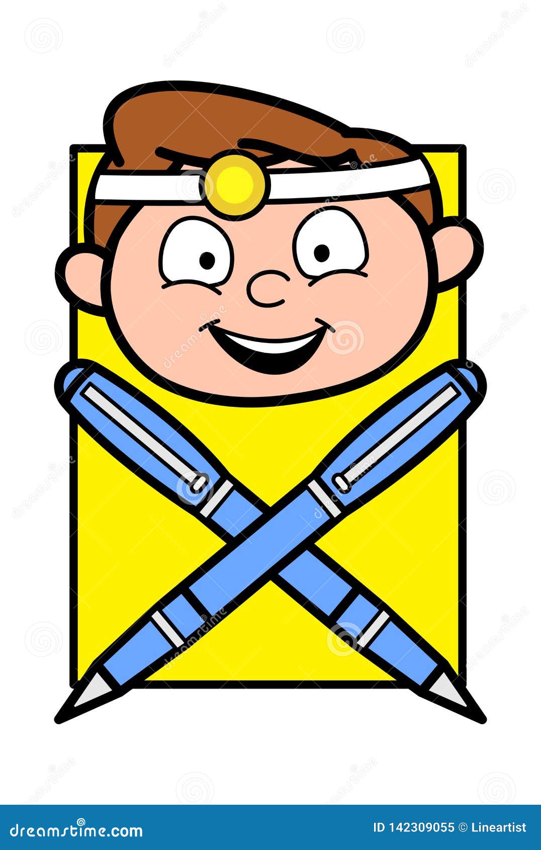 Happy Cartoon Doctor Face with Pens Vector Stock Illustration
