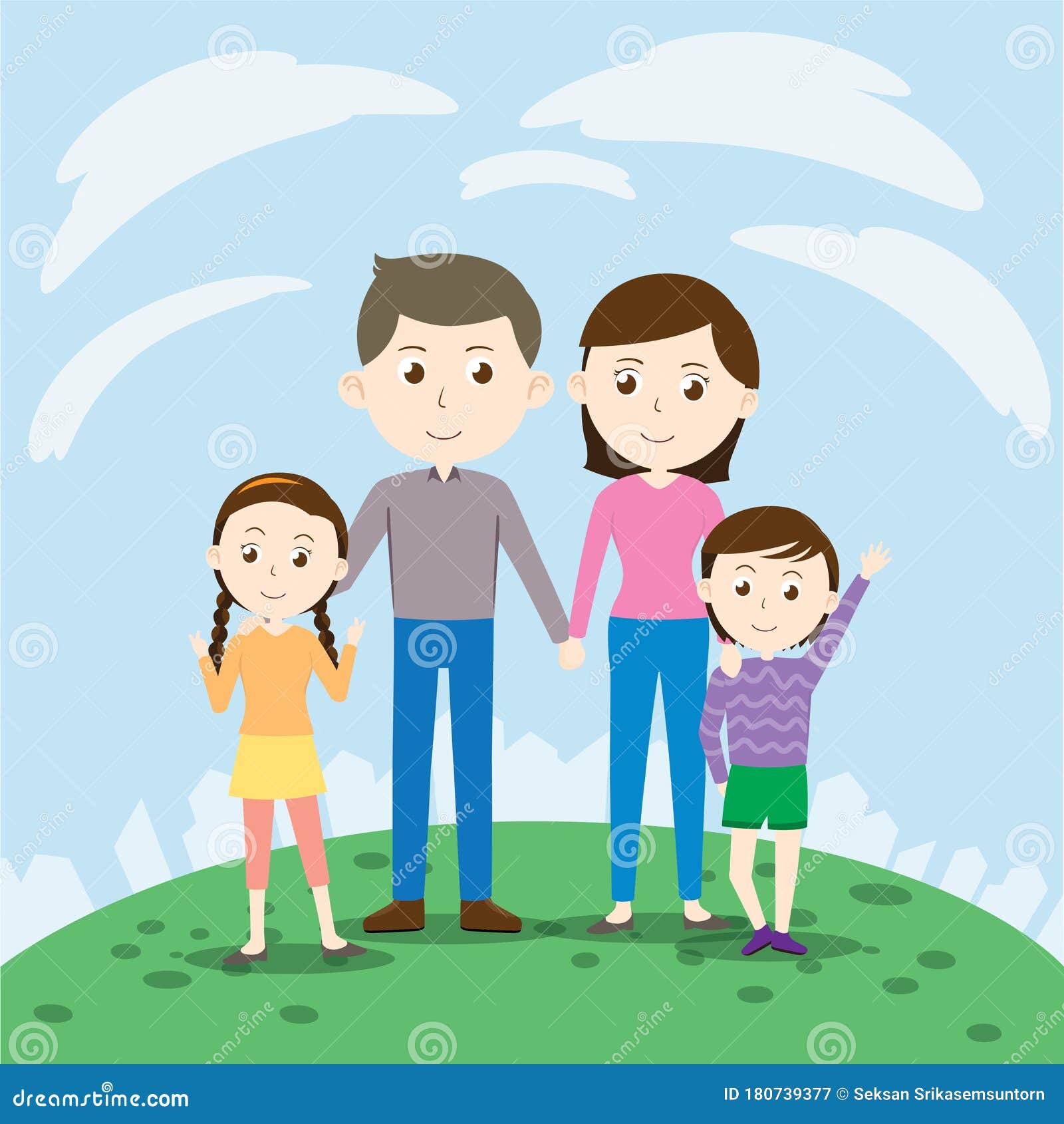 Happy Cartoon Family With Small Kids Vector Illustration