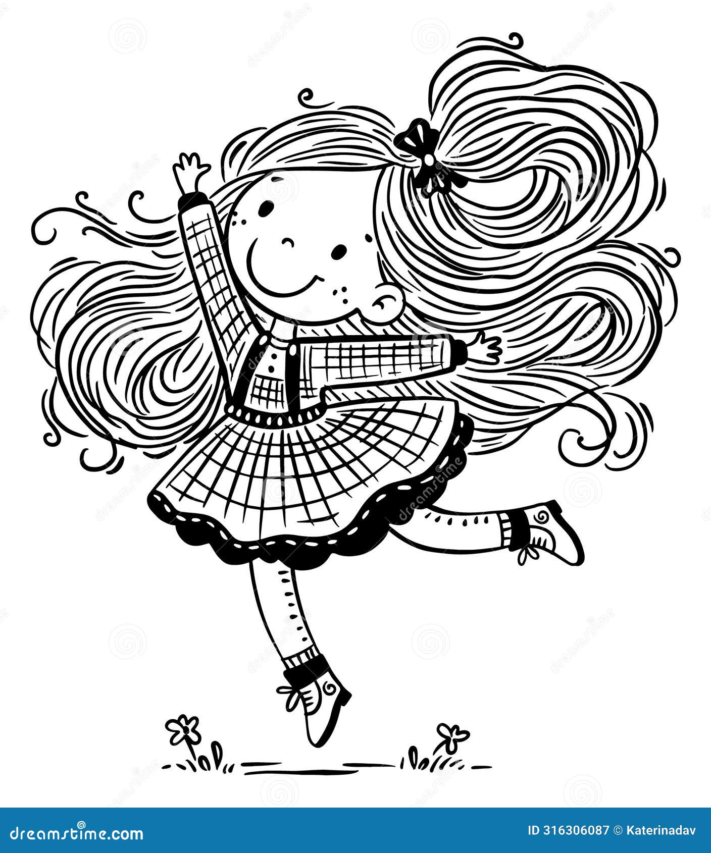 happy cartoon girl dances outdoors.  outline  . coloring book