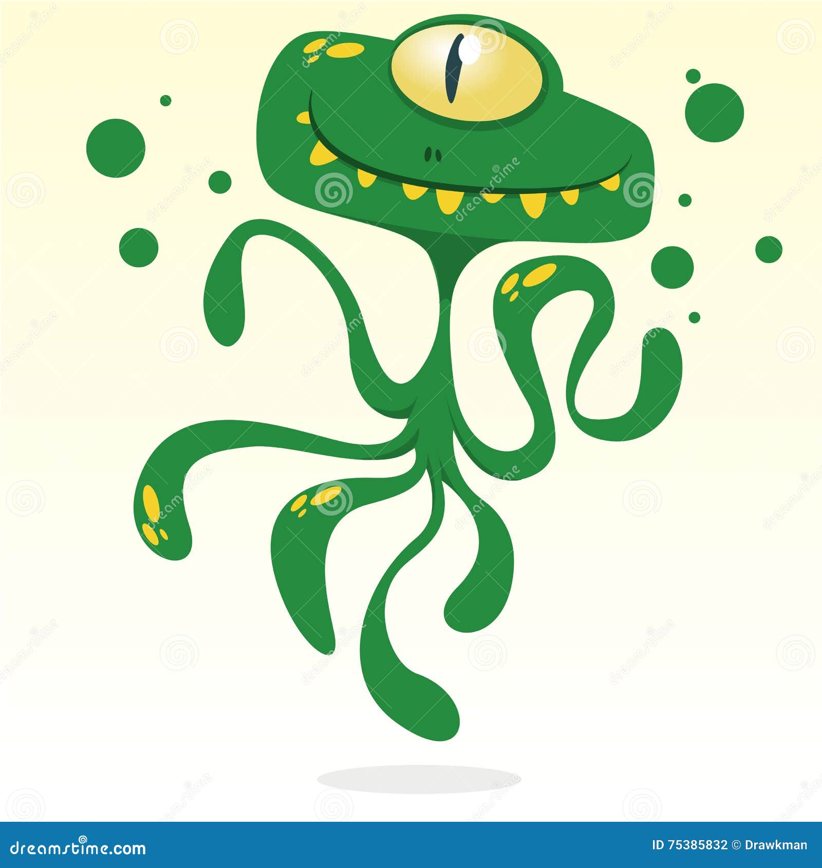 happy cartoon octopus.  halloween green monster with one eye and tentacles