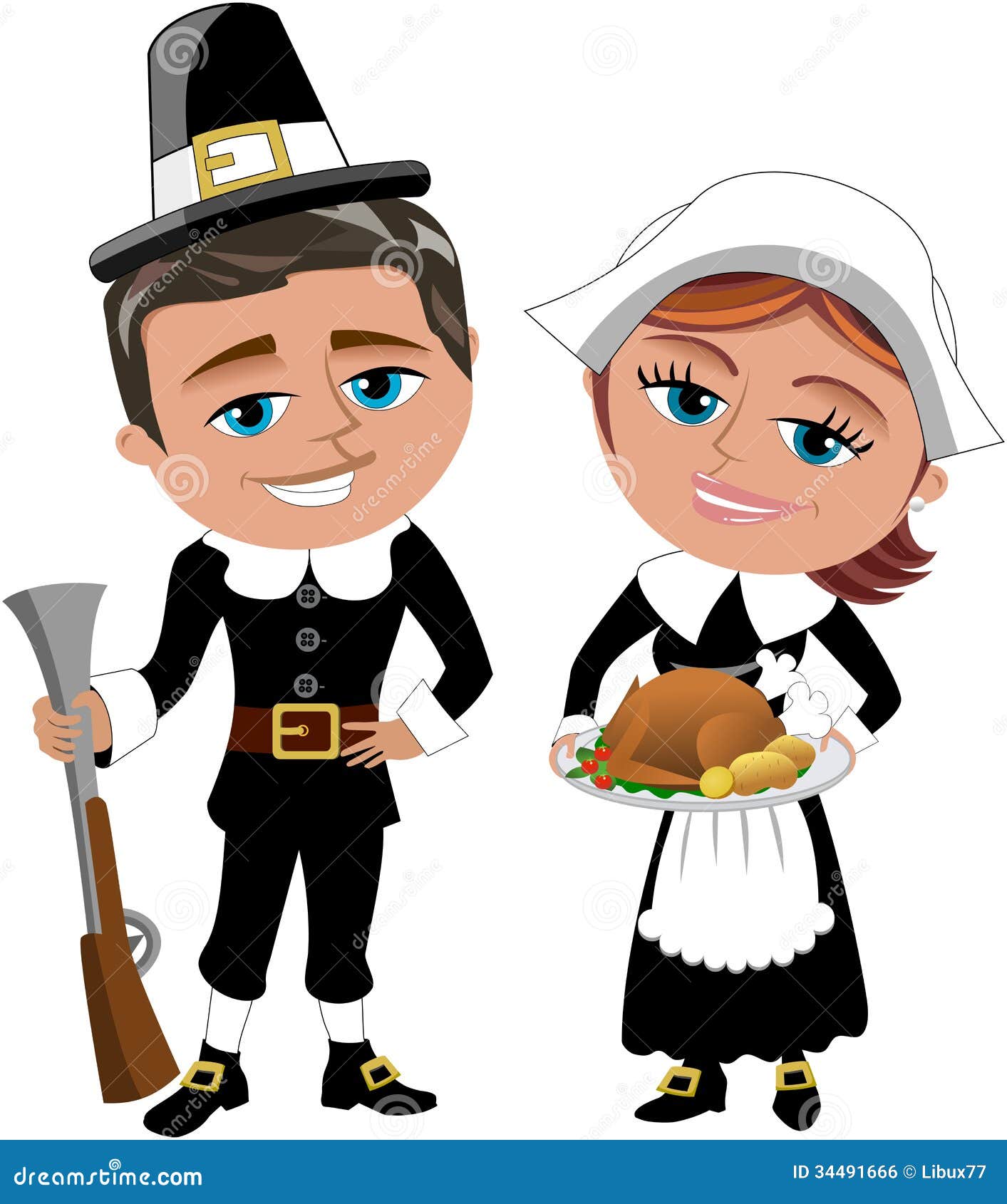 happy cartoon pilgrims with rifle and roast turkey