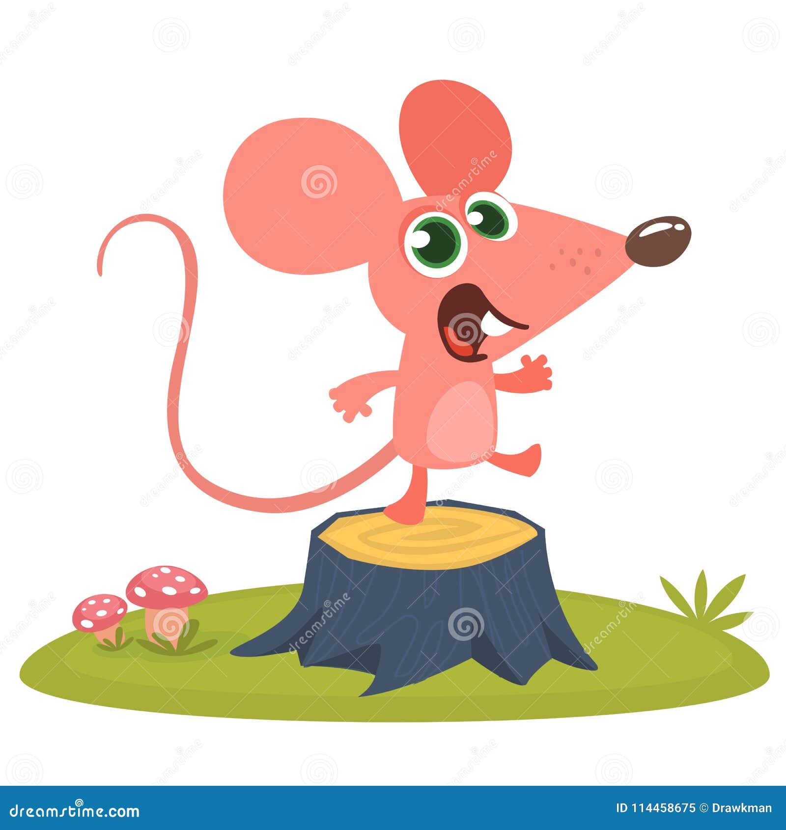 Happy Cartoon Pink Mouse Talking and Standing on a Tree Stump in Th Meadow.  Vector Illustration Isolated. Stock Vector - Illustration of gray, cute:  114458675