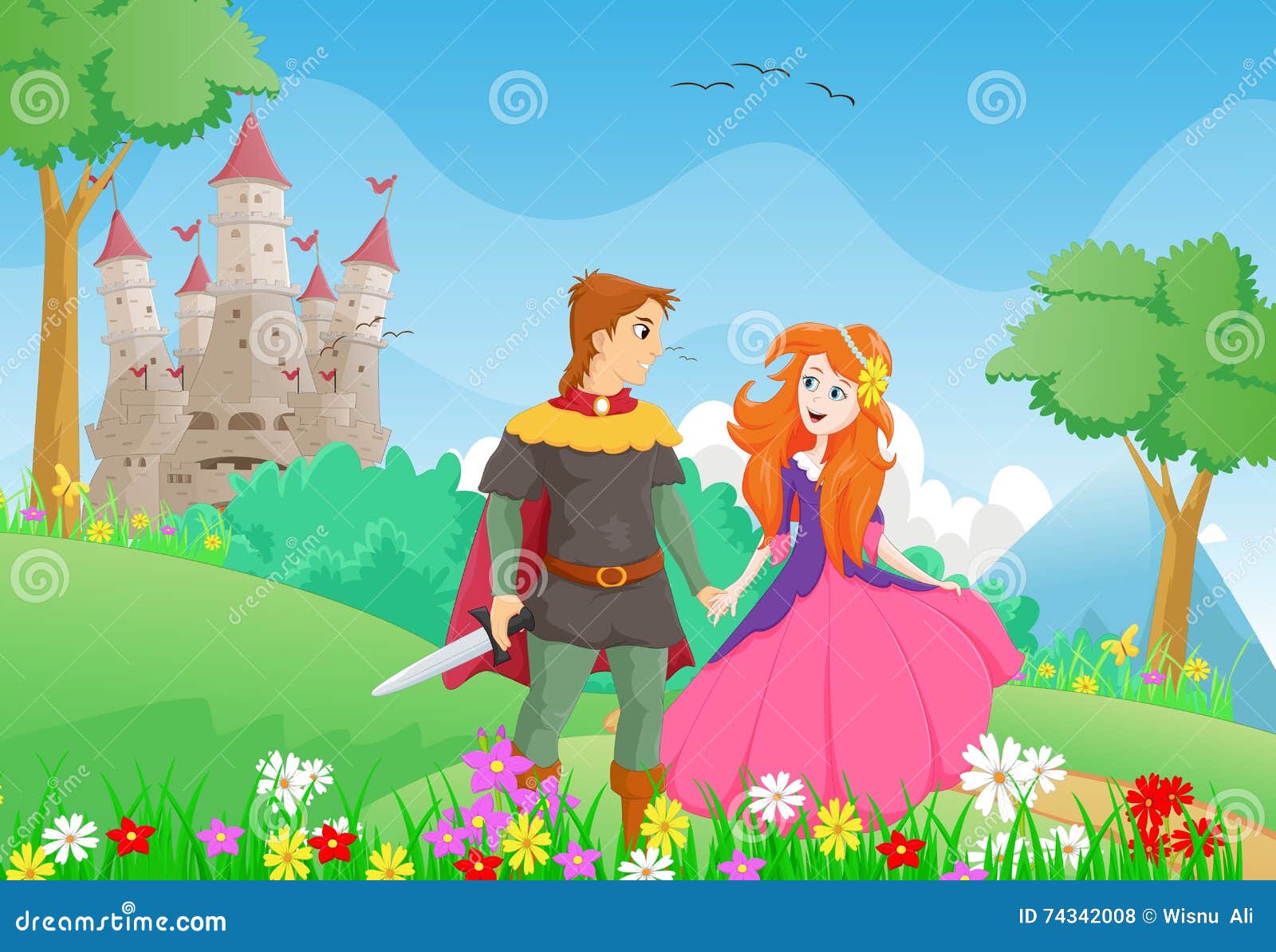 Happy Cartoon Prince and Princess with a Castle Background Stock Vector -  Illustration of couple, painting: 74342008